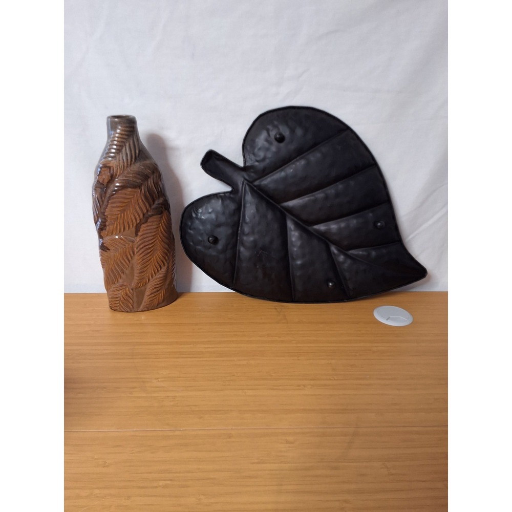 Vintage Style Brown Botanical Set Including Fern Vase & Hammered Metal Leaf Tray - Picture 2 of 10